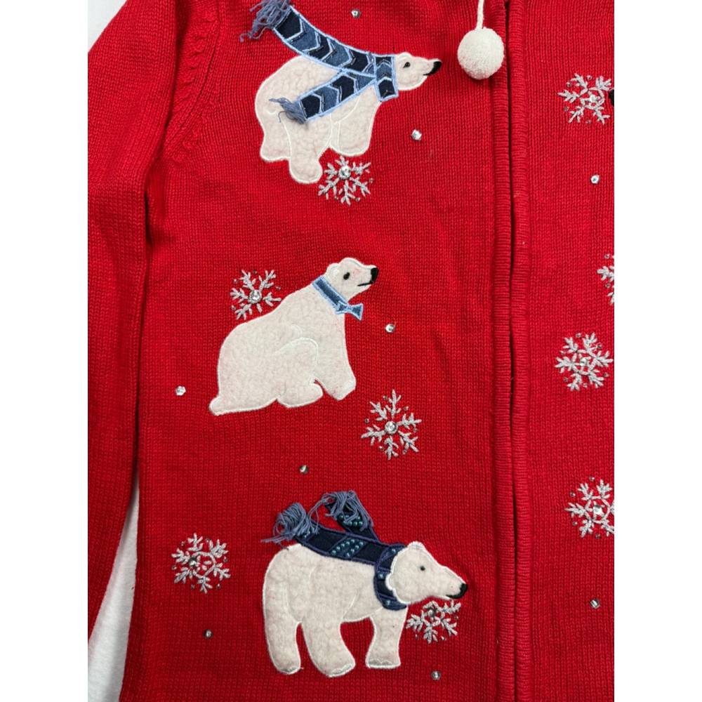 Heirloom Collectibles Polar Bear Christmas Red Embroidered Cardigan Sweater S